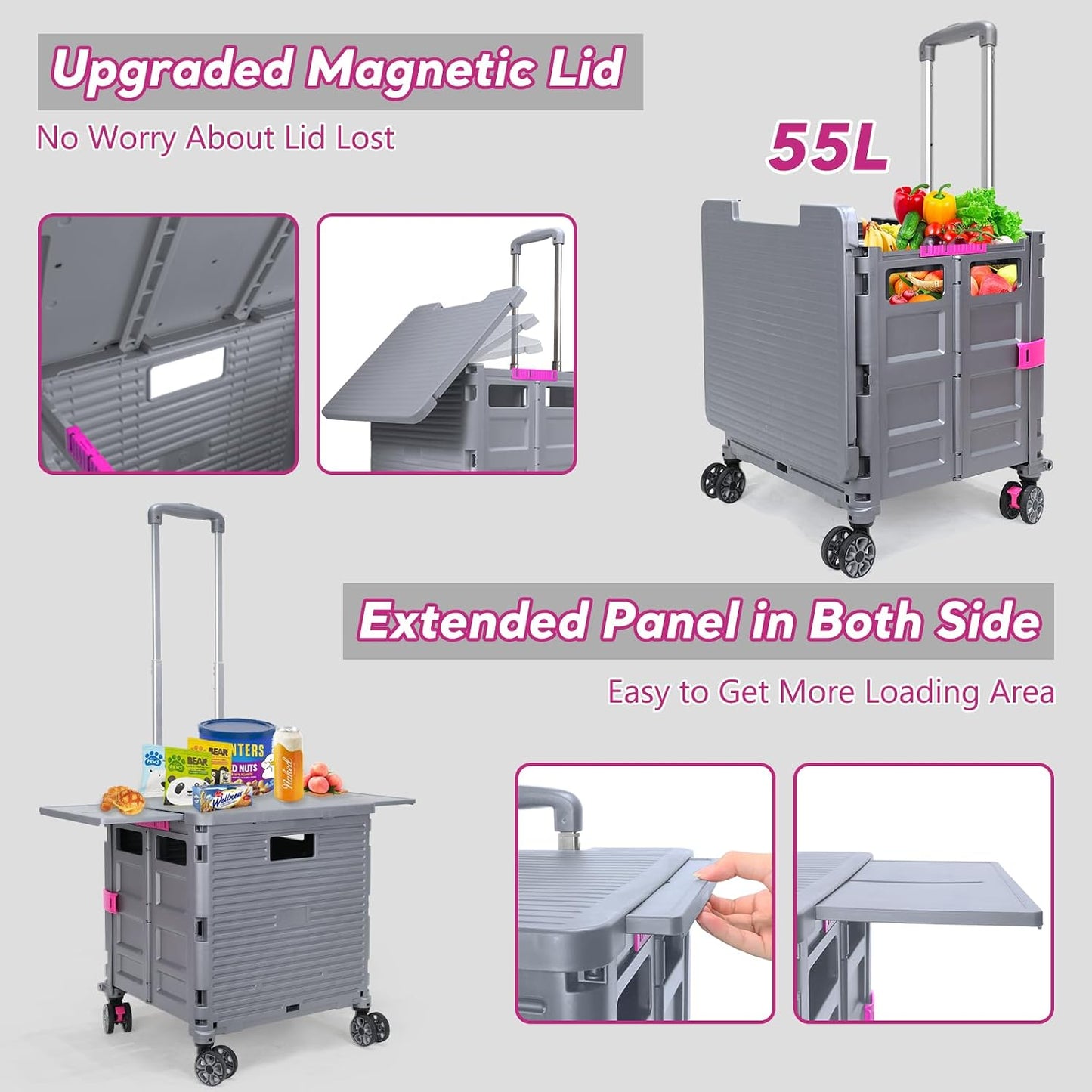 SELORSS Foldable Utility Cart Folding Portable Rolling Crate-Yellow | Durable,Heavy Duty,Plastic Box,Telescoping Handle,4 Rotate Wheels,Collapsible Handcart for Travel Shop Move Luggage Office