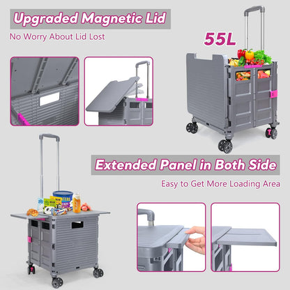 SELORSS Foldable Utility Cart Folding Portable Rolling Crate-Yellow | Durable,Heavy Duty,Plastic Box,Telescoping Handle,4 Rotate Wheels,Collapsible Handcart for Travel Shop Move Luggage Office