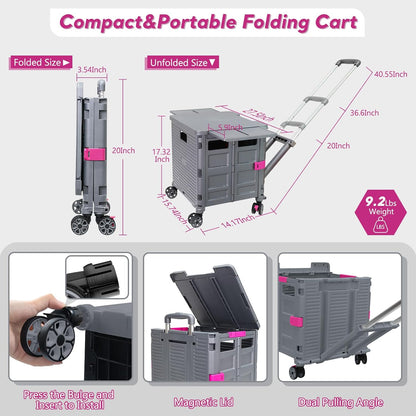 SELORSS Foldable Utility Cart Folding Portable Rolling Crate-Yellow | Durable,Heavy Duty,Plastic Box,Telescoping Handle,4 Rotate Wheels,Collapsible Handcart for Travel Shop Move Luggage Office