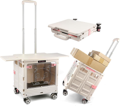 SELORSS Foldable Utility Cart Folding Portable Rolling Crate-Yellow | Durable,Heavy Duty,Plastic Box,Telescoping Handle,4 Rotate Wheels,Collapsible Handcart for Travel Shop Move Luggage Office