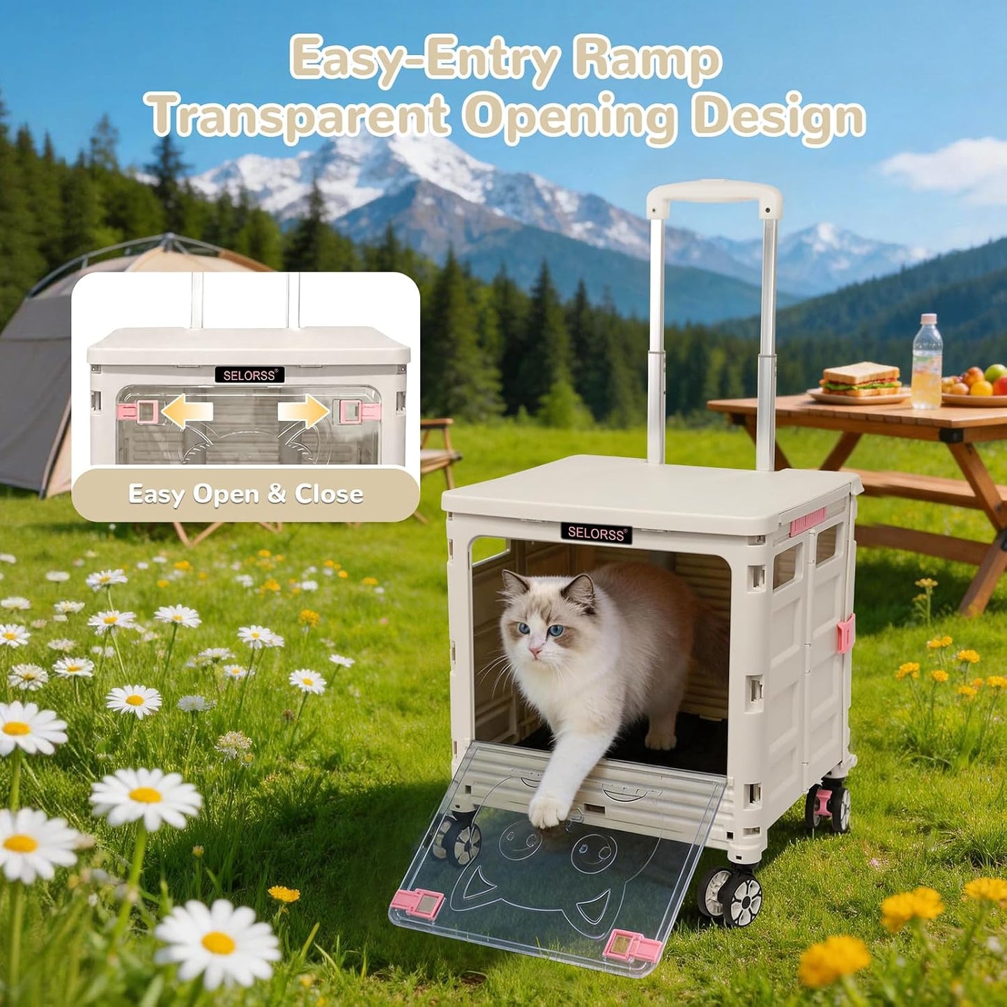 SELORSS Foldable Utility Cart Folding Portable Rolling Crate-Yellow | Durable,Heavy Duty,Plastic Box,Telescoping Handle,4 Rotate Wheels,Collapsible Handcart for Travel Shop Move Luggage Office