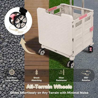 SELORSS Foldable Utility Cart Folding Portable Rolling Crate-Yellow | Durable,Heavy Duty,Plastic Box,Telescoping Handle,4 Rotate Wheels,Collapsible Handcart for Travel Shop Move Luggage Office