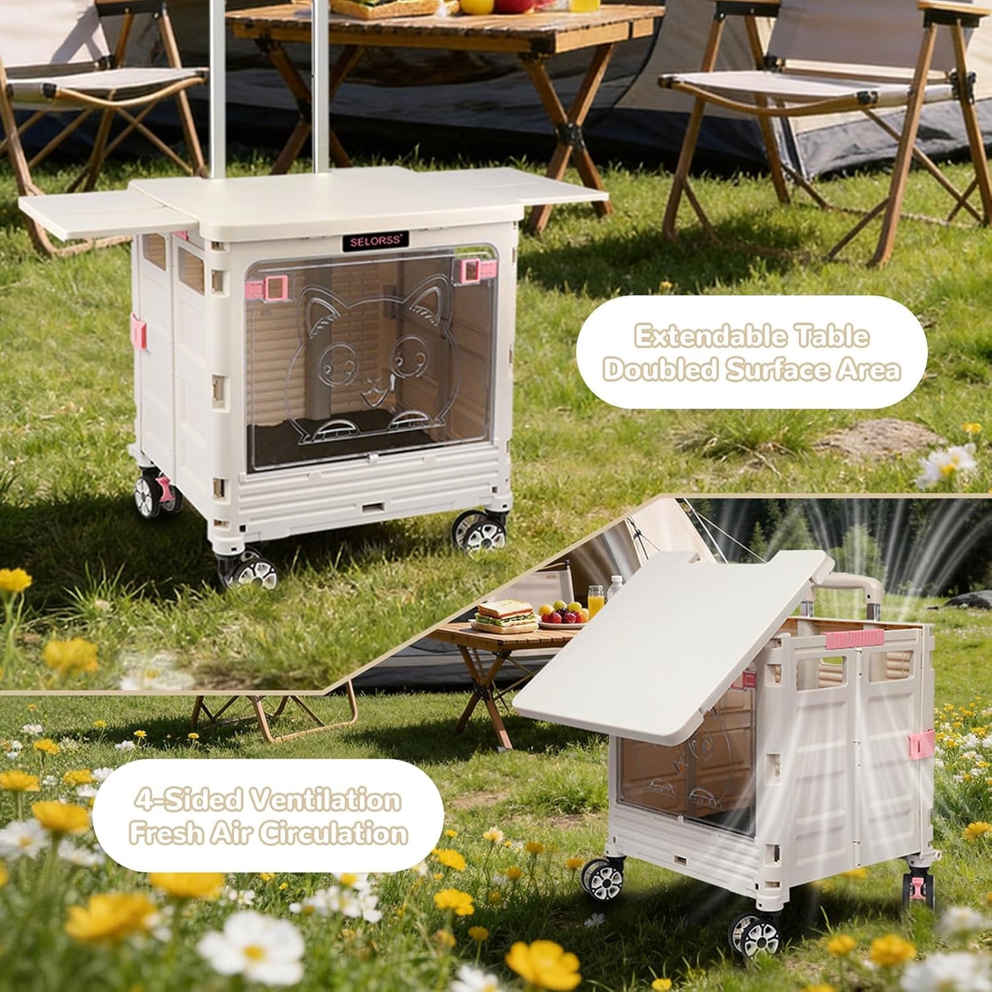 SELORSS Foldable Utility Cart Folding Portable Rolling Crate-Yellow | Durable,Heavy Duty,Plastic Box,Telescoping Handle,4 Rotate Wheels,Collapsible Handcart for Travel Shop Move Luggage Office