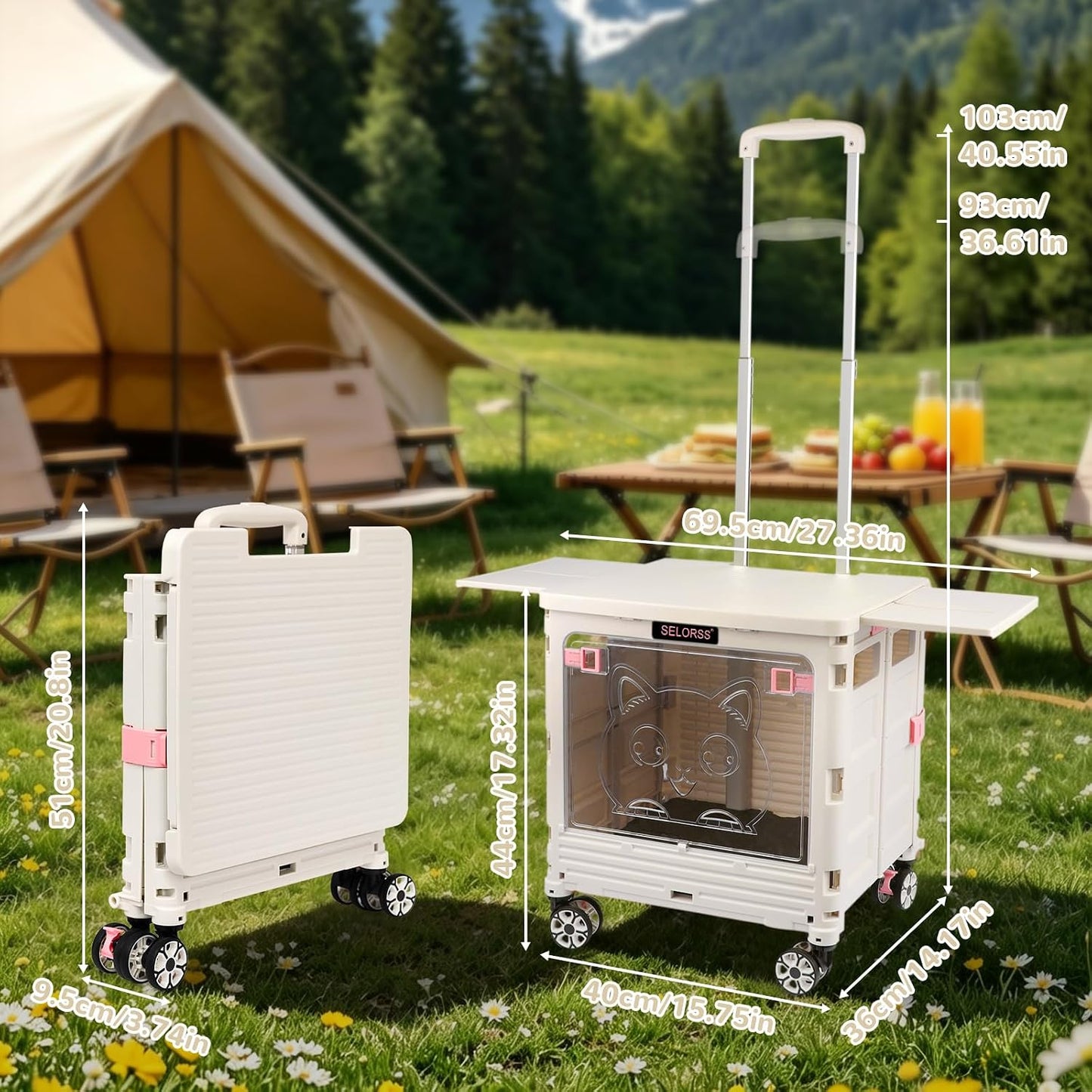 SELORSS Foldable Utility Cart Folding Portable Rolling Crate-Yellow | Durable,Heavy Duty,Plastic Box,Telescoping Handle,4 Rotate Wheels,Collapsible Handcart for Travel Shop Move Luggage Office