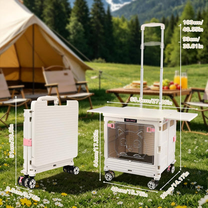 SELORSS Foldable Utility Cart Folding Portable Rolling Crate-Yellow | Durable,Heavy Duty,Plastic Box,Telescoping Handle,4 Rotate Wheels,Collapsible Handcart for Travel Shop Move Luggage Office