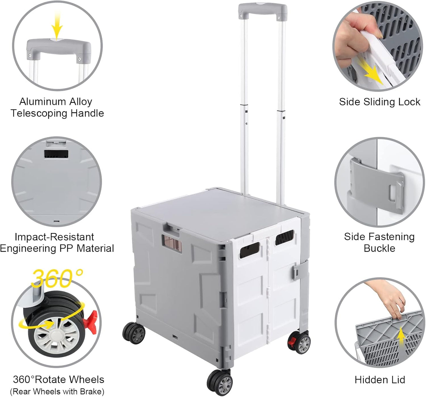 SELORSS Foldable Utility Cart Folding Portable Rolling Crate-Yellow | Durable,Heavy Duty,Plastic Box,Telescoping Handle,4 Rotate Wheels,Collapsible Handcart for Travel Shop Move Luggage Office