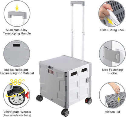SELORSS Foldable Utility Cart Folding Portable Rolling Crate-Yellow | Durable,Heavy Duty,Plastic Box,Telescoping Handle,4 Rotate Wheels,Collapsible Handcart for Travel Shop Move Luggage Office