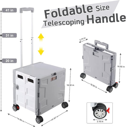 SELORSS Foldable Utility Cart Folding Portable Rolling Crate-Yellow | Durable,Heavy Duty,Plastic Box,Telescoping Handle,4 Rotate Wheels,Collapsible Handcart for Travel Shop Move Luggage Office