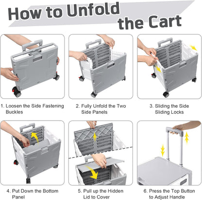 SELORSS Foldable Utility Cart Folding Portable Rolling Crate-Yellow | Durable,Heavy Duty,Plastic Box,Telescoping Handle,4 Rotate Wheels,Collapsible Handcart for Travel Shop Move Luggage Office