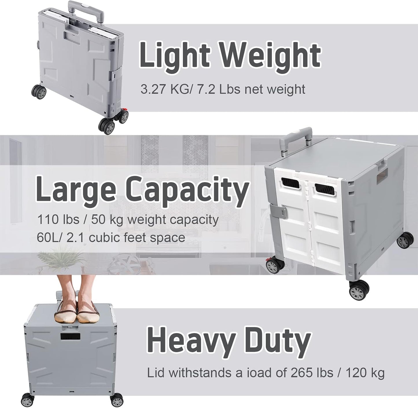 SELORSS Foldable Utility Cart Folding Portable Rolling Crate-Yellow | Durable,Heavy Duty,Plastic Box,Telescoping Handle,4 Rotate Wheels,Collapsible Handcart for Travel Shop Move Luggage Office
