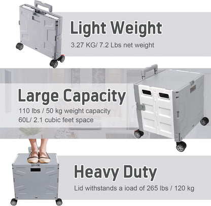 SELORSS Foldable Utility Cart Folding Portable Rolling Crate-Yellow | Durable,Heavy Duty,Plastic Box,Telescoping Handle,4 Rotate Wheels,Collapsible Handcart for Travel Shop Move Luggage Office