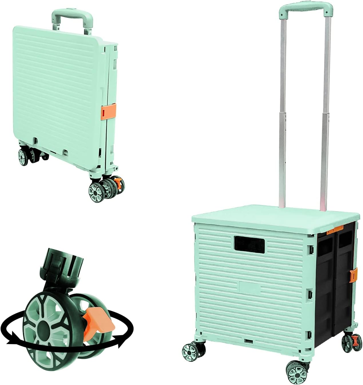 SELORSS Foldable Utility Cart Folding Portable Rolling Crate-Yellow | Durable,Heavy Duty,Plastic Box,Telescoping Handle,4 Rotate Wheels,Collapsible Handcart for Travel Shop Move Luggage Office