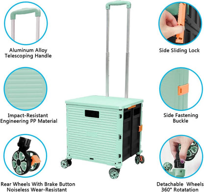 SELORSS Foldable Utility Cart Folding Portable Rolling Crate-Yellow | Durable,Heavy Duty,Plastic Box,Telescoping Handle,4 Rotate Wheels,Collapsible Handcart for Travel Shop Move Luggage Office