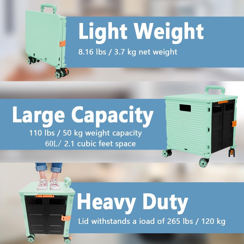 SELORSS Foldable Utility Cart Folding Portable Rolling Crate-Yellow | Durable,Heavy Duty,Plastic Box,Telescoping Handle,4 Rotate Wheels,Collapsible Handcart for Travel Shop Move Luggage Office