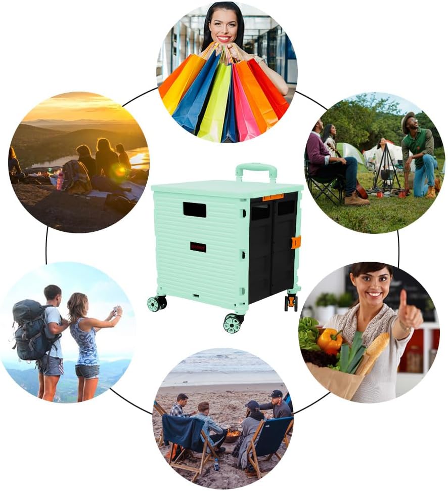 SELORSS Foldable Utility Cart Folding Portable Rolling Crate-Yellow | Durable,Heavy Duty,Plastic Box,Telescoping Handle,4 Rotate Wheels,Collapsible Handcart for Travel Shop Move Luggage Office