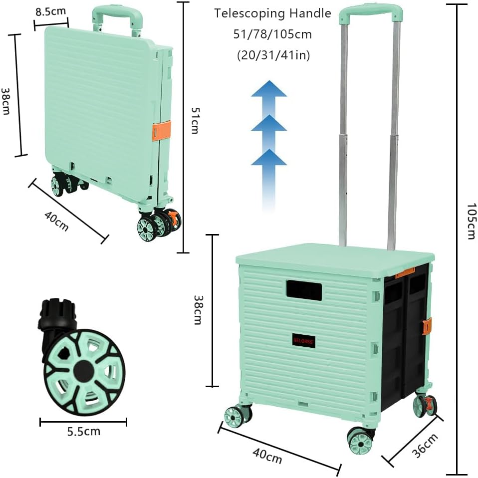 SELORSS Foldable Utility Cart Folding Portable Rolling Crate-Yellow | Durable,Heavy Duty,Plastic Box,Telescoping Handle,4 Rotate Wheels,Collapsible Handcart for Travel Shop Move Luggage Office