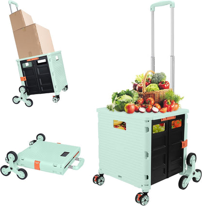 SELORSS Foldable Utility Cart Folding Portable Rolling Crate-Yellow | Durable,Heavy Duty,Plastic Box,Telescoping Handle,4 Rotate Wheels,Collapsible Handcart for Travel Shop Move Luggage Office