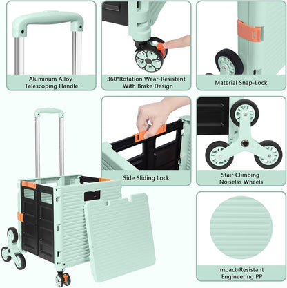 SELORSS Foldable Utility Cart Folding Portable Rolling Crate-Yellow | Durable,Heavy Duty,Plastic Box,Telescoping Handle,4 Rotate Wheels,Collapsible Handcart for Travel Shop Move Luggage Office
