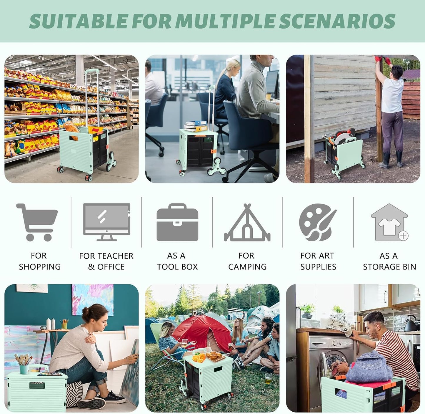 SELORSS Foldable Utility Cart Folding Portable Rolling Crate-Yellow | Durable,Heavy Duty,Plastic Box,Telescoping Handle,4 Rotate Wheels,Collapsible Handcart for Travel Shop Move Luggage Office