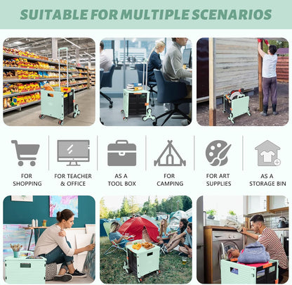 SELORSS Foldable Utility Cart Folding Portable Rolling Crate-Yellow | Durable,Heavy Duty,Plastic Box,Telescoping Handle,4 Rotate Wheels,Collapsible Handcart for Travel Shop Move Luggage Office