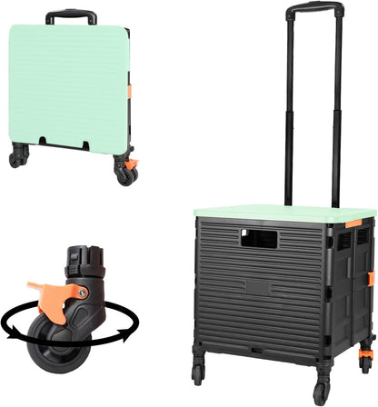 SELORSS Foldable Utility Cart Folding Portable Rolling Crate-Yellow | Durable,Heavy Duty,Plastic Box,Telescoping Handle,4 Rotate Wheels,Collapsible Handcart for Travel Shop Move Luggage Office