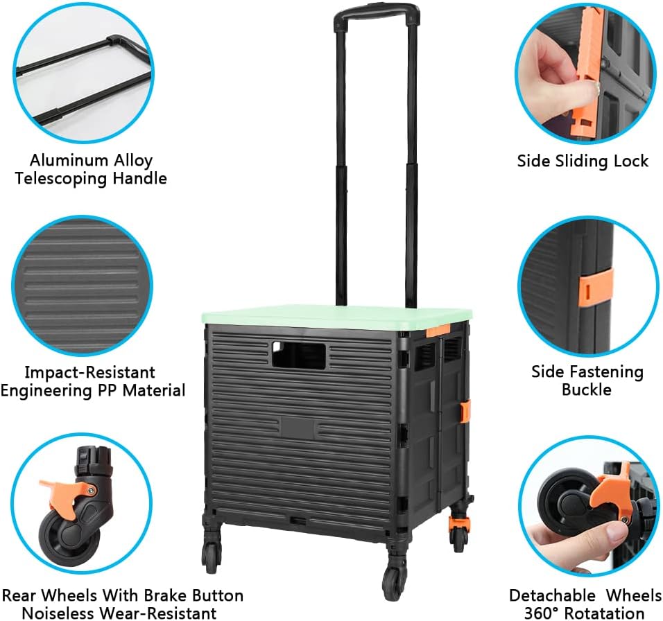SELORSS Foldable Utility Cart Folding Portable Rolling Crate-Yellow | Durable,Heavy Duty,Plastic Box,Telescoping Handle,4 Rotate Wheels,Collapsible Handcart for Travel Shop Move Luggage Office