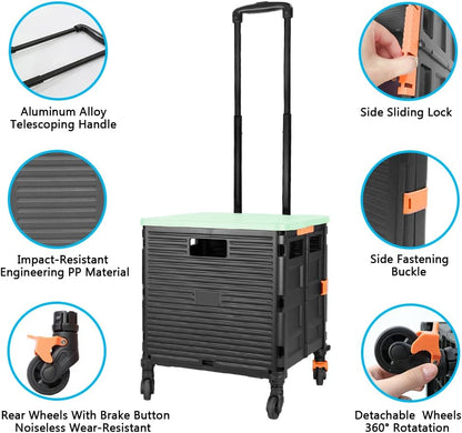 SELORSS Foldable Utility Cart Folding Portable Rolling Crate-Yellow | Durable,Heavy Duty,Plastic Box,Telescoping Handle,4 Rotate Wheels,Collapsible Handcart for Travel Shop Move Luggage Office