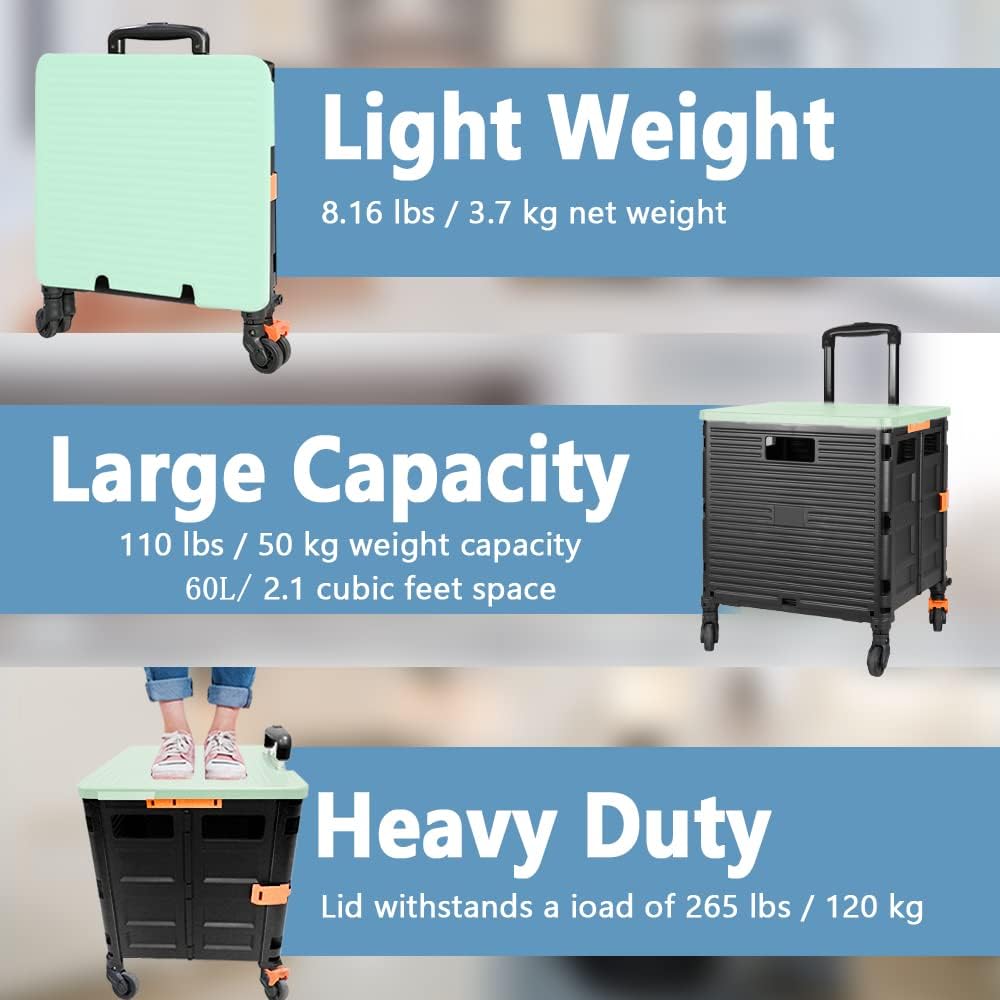 SELORSS Foldable Utility Cart Folding Portable Rolling Crate-Yellow | Durable,Heavy Duty,Plastic Box,Telescoping Handle,4 Rotate Wheels,Collapsible Handcart for Travel Shop Move Luggage Office
