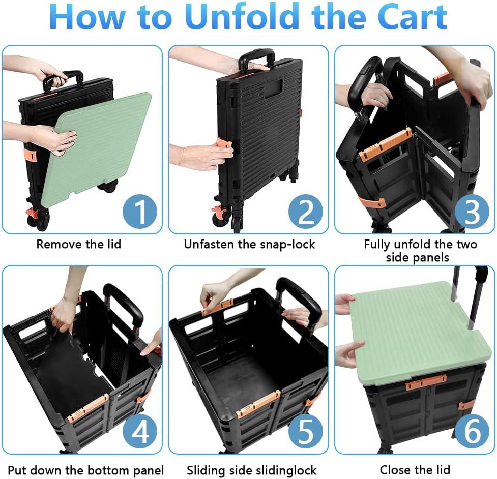 SELORSS Foldable Utility Cart Folding Portable Rolling Crate-Yellow | Durable,Heavy Duty,Plastic Box,Telescoping Handle,4 Rotate Wheels,Collapsible Handcart for Travel Shop Move Luggage Office