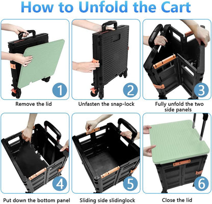SELORSS Foldable Utility Cart Folding Portable Rolling Crate-Yellow | Durable,Heavy Duty,Plastic Box,Telescoping Handle,4 Rotate Wheels,Collapsible Handcart for Travel Shop Move Luggage Office