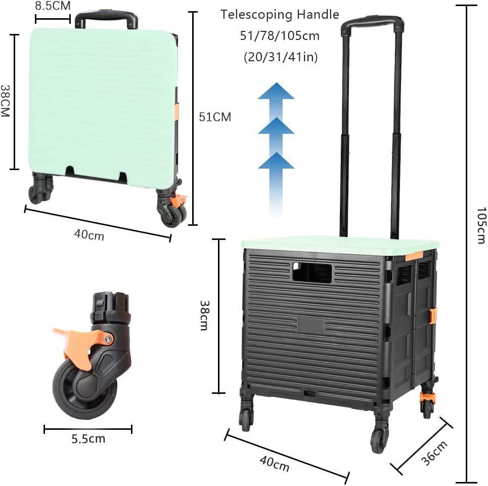 SELORSS Foldable Utility Cart Folding Portable Rolling Crate-Yellow | Durable,Heavy Duty,Plastic Box,Telescoping Handle,4 Rotate Wheels,Collapsible Handcart for Travel Shop Move Luggage Office