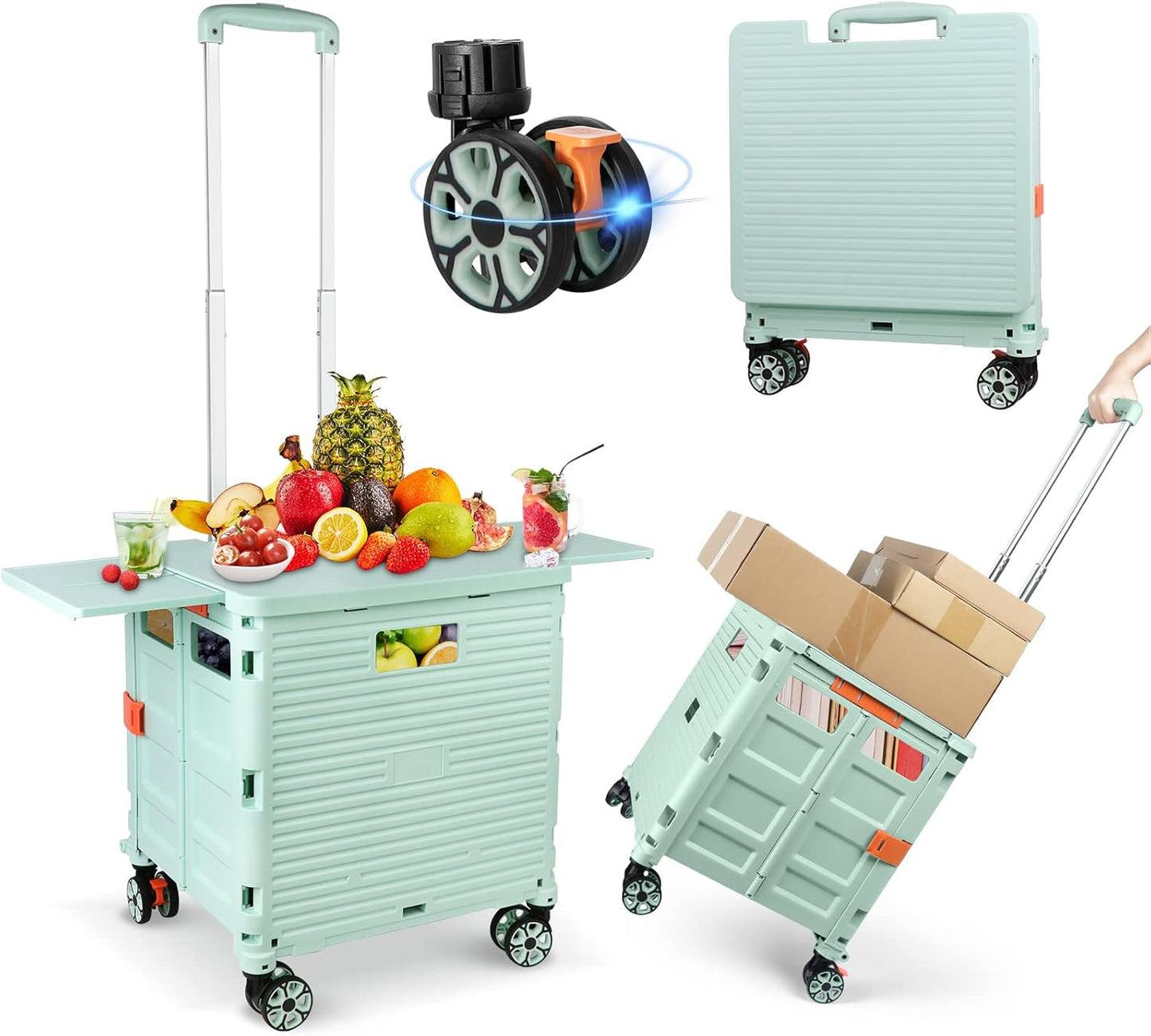 SELORSS Foldable Utility Cart Folding Portable Rolling Crate-Yellow | Durable,Heavy Duty,Plastic Box,Telescoping Handle,4 Rotate Wheels,Collapsible Handcart for Travel Shop Move Luggage Office