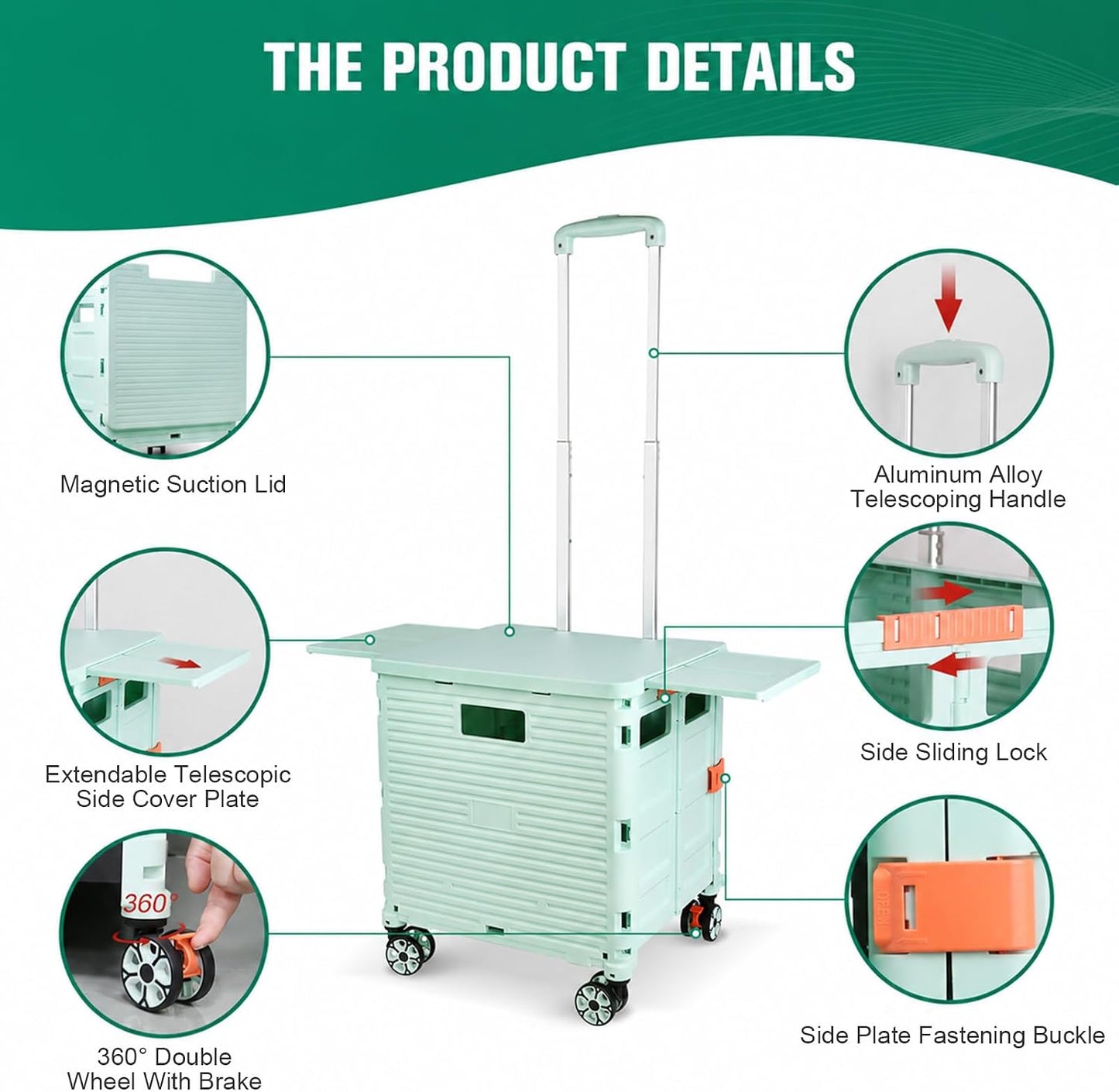 SELORSS Foldable Utility Cart Folding Portable Rolling Crate-Yellow | Durable,Heavy Duty,Plastic Box,Telescoping Handle,4 Rotate Wheels,Collapsible Handcart for Travel Shop Move Luggage Office