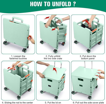 SELORSS Foldable Utility Cart Folding Portable Rolling Crate-Yellow | Durable,Heavy Duty,Plastic Box,Telescoping Handle,4 Rotate Wheels,Collapsible Handcart for Travel Shop Move Luggage Office