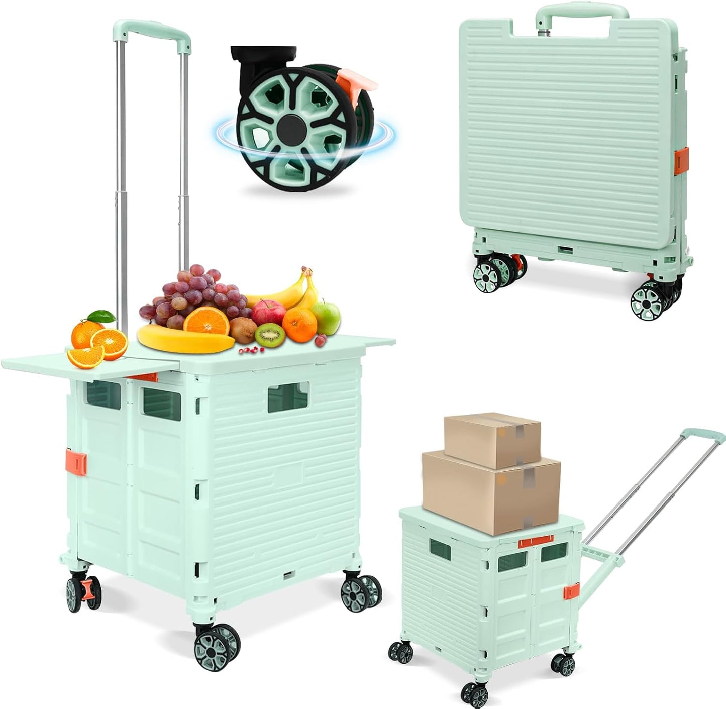 SELORSS Foldable Utility Cart Folding Portable Rolling Crate-Yellow | Durable,Heavy Duty,Plastic Box,Telescoping Handle,4 Rotate Wheels,Collapsible Handcart for Travel Shop Move Luggage Office