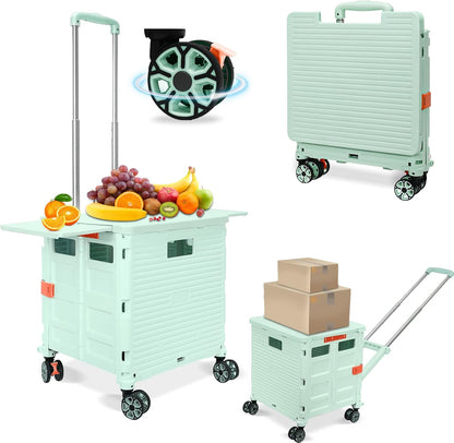 SELORSS Foldable Utility Cart Folding Portable Rolling Crate-Yellow | Durable,Heavy Duty,Plastic Box,Telescoping Handle,4 Rotate Wheels,Collapsible Handcart for Travel Shop Move Luggage Office