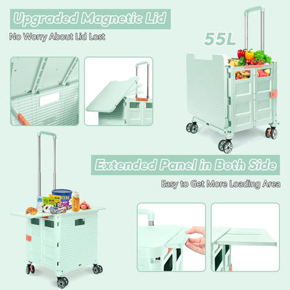SELORSS Foldable Utility Cart Folding Portable Rolling Crate-Yellow | Durable,Heavy Duty,Plastic Box,Telescoping Handle,4 Rotate Wheels,Collapsible Handcart for Travel Shop Move Luggage Office