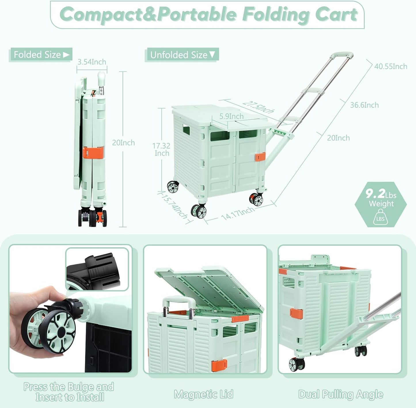 SELORSS Foldable Utility Cart Folding Portable Rolling Crate-Yellow | Durable,Heavy Duty,Plastic Box,Telescoping Handle,4 Rotate Wheels,Collapsible Handcart for Travel Shop Move Luggage Office