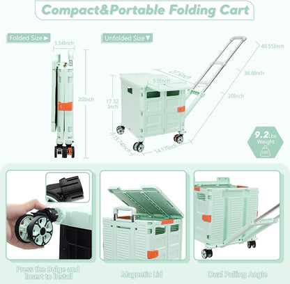 SELORSS Foldable Utility Cart Folding Portable Rolling Crate-Yellow | Durable,Heavy Duty,Plastic Box,Telescoping Handle,4 Rotate Wheels,Collapsible Handcart for Travel Shop Move Luggage Office