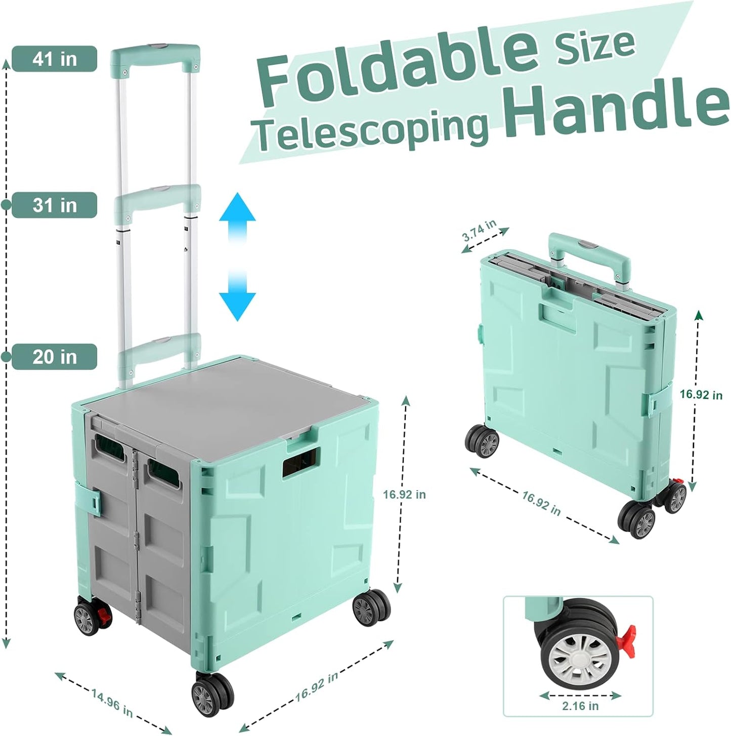 SELORSS Foldable Utility Cart Folding Portable Rolling Crate-Yellow | Durable,Heavy Duty,Plastic Box,Telescoping Handle,4 Rotate Wheels,Collapsible Handcart for Travel Shop Move Luggage Office