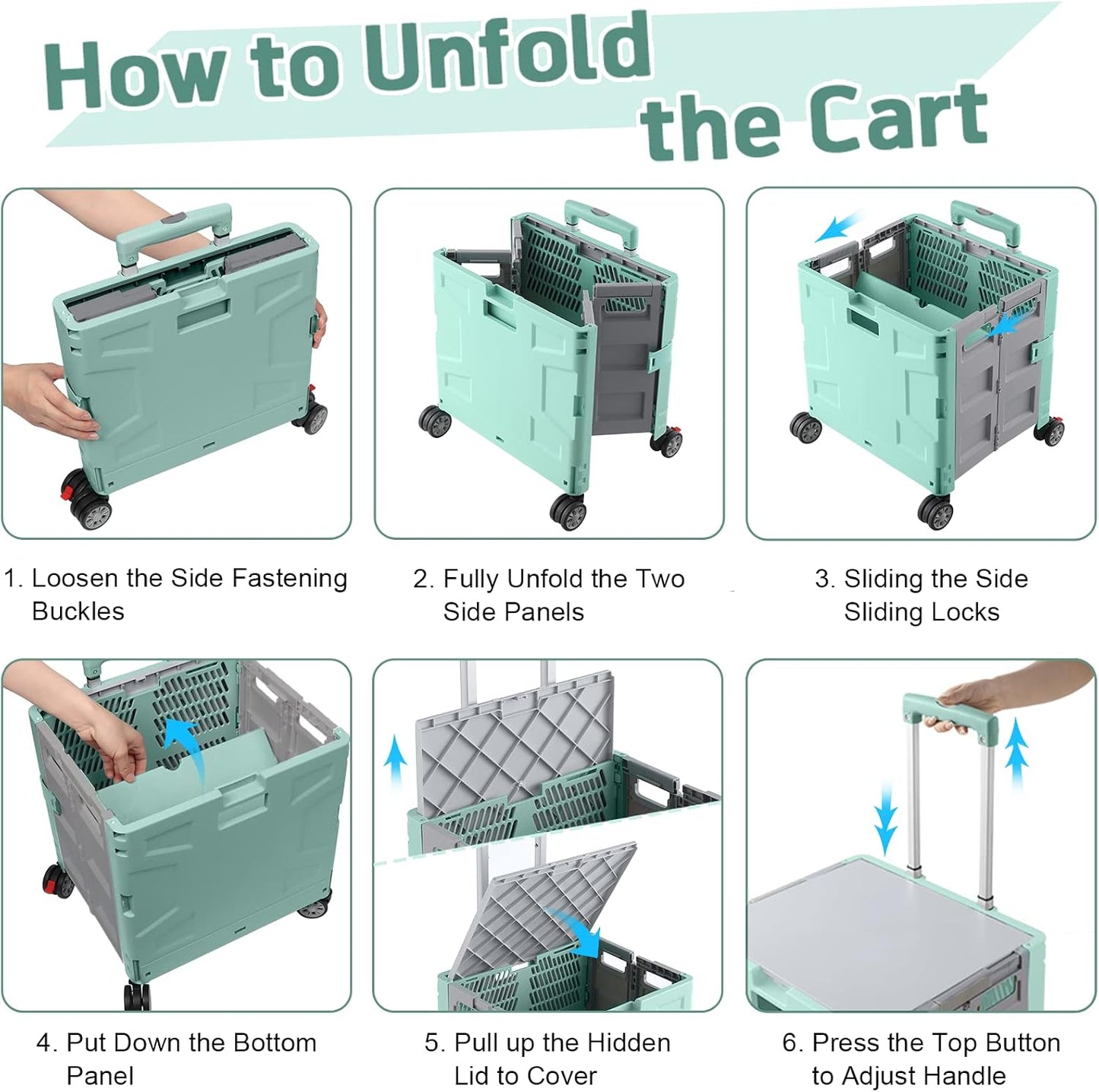 SELORSS Foldable Utility Cart Folding Portable Rolling Crate-Yellow | Durable,Heavy Duty,Plastic Box,Telescoping Handle,4 Rotate Wheels,Collapsible Handcart for Travel Shop Move Luggage Office