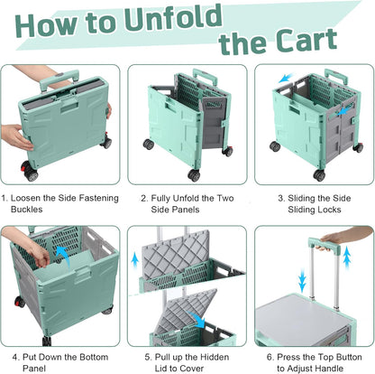 SELORSS Foldable Utility Cart Folding Portable Rolling Crate-Yellow | Durable,Heavy Duty,Plastic Box,Telescoping Handle,4 Rotate Wheels,Collapsible Handcart for Travel Shop Move Luggage Office