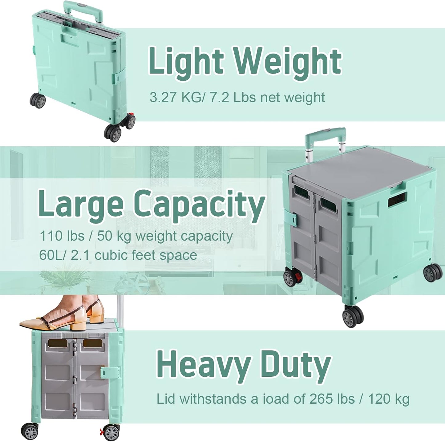 SELORSS Foldable Utility Cart Folding Portable Rolling Crate-Yellow | Durable,Heavy Duty,Plastic Box,Telescoping Handle,4 Rotate Wheels,Collapsible Handcart for Travel Shop Move Luggage Office