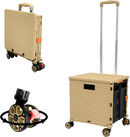 SELORSS Foldable Utility Cart Folding Portable Rolling Crate-Yellow | Durable,Heavy Duty,Plastic Box,Telescoping Handle,4 Rotate Wheels,Collapsible Handcart for Travel Shop Move Luggage Office