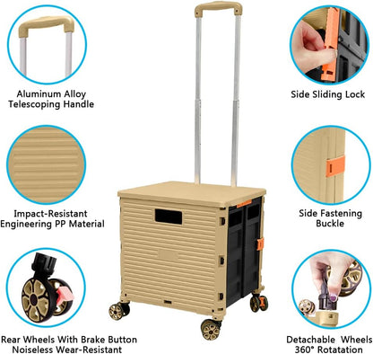 SELORSS Foldable Utility Cart Folding Portable Rolling Crate-Yellow | Durable,Heavy Duty,Plastic Box,Telescoping Handle,4 Rotate Wheels,Collapsible Handcart for Travel Shop Move Luggage Office