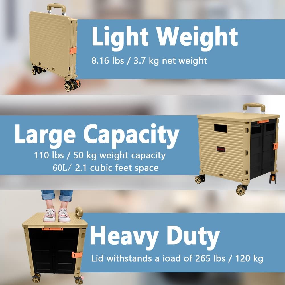 SELORSS Foldable Utility Cart Folding Portable Rolling Crate-Yellow | Durable,Heavy Duty,Plastic Box,Telescoping Handle,4 Rotate Wheels,Collapsible Handcart for Travel Shop Move Luggage Office