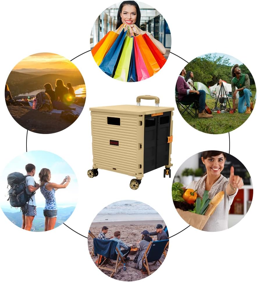 SELORSS Foldable Utility Cart Folding Portable Rolling Crate-Yellow | Durable,Heavy Duty,Plastic Box,Telescoping Handle,4 Rotate Wheels,Collapsible Handcart for Travel Shop Move Luggage Office