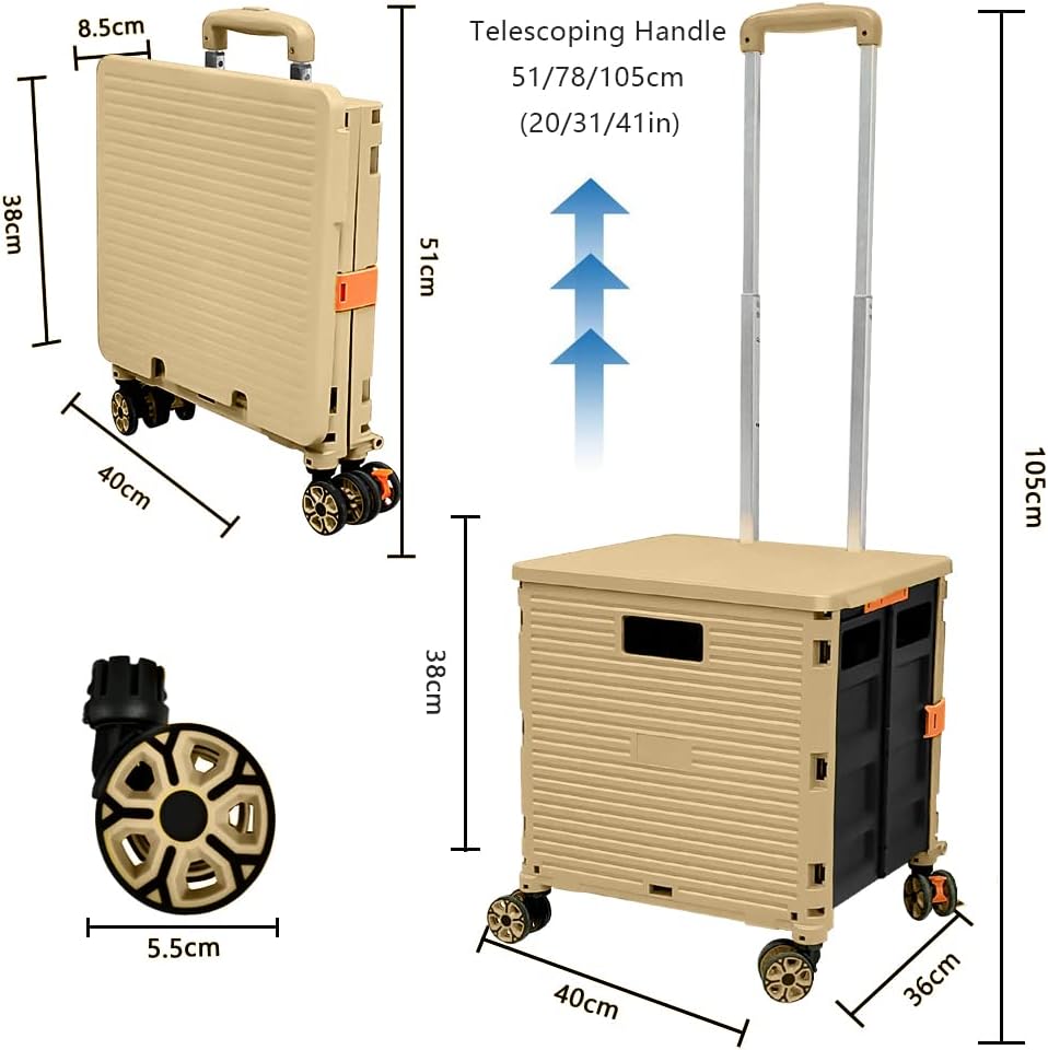 SELORSS Foldable Utility Cart Folding Portable Rolling Crate-Yellow | Durable,Heavy Duty,Plastic Box,Telescoping Handle,4 Rotate Wheels,Collapsible Handcart for Travel Shop Move Luggage Office