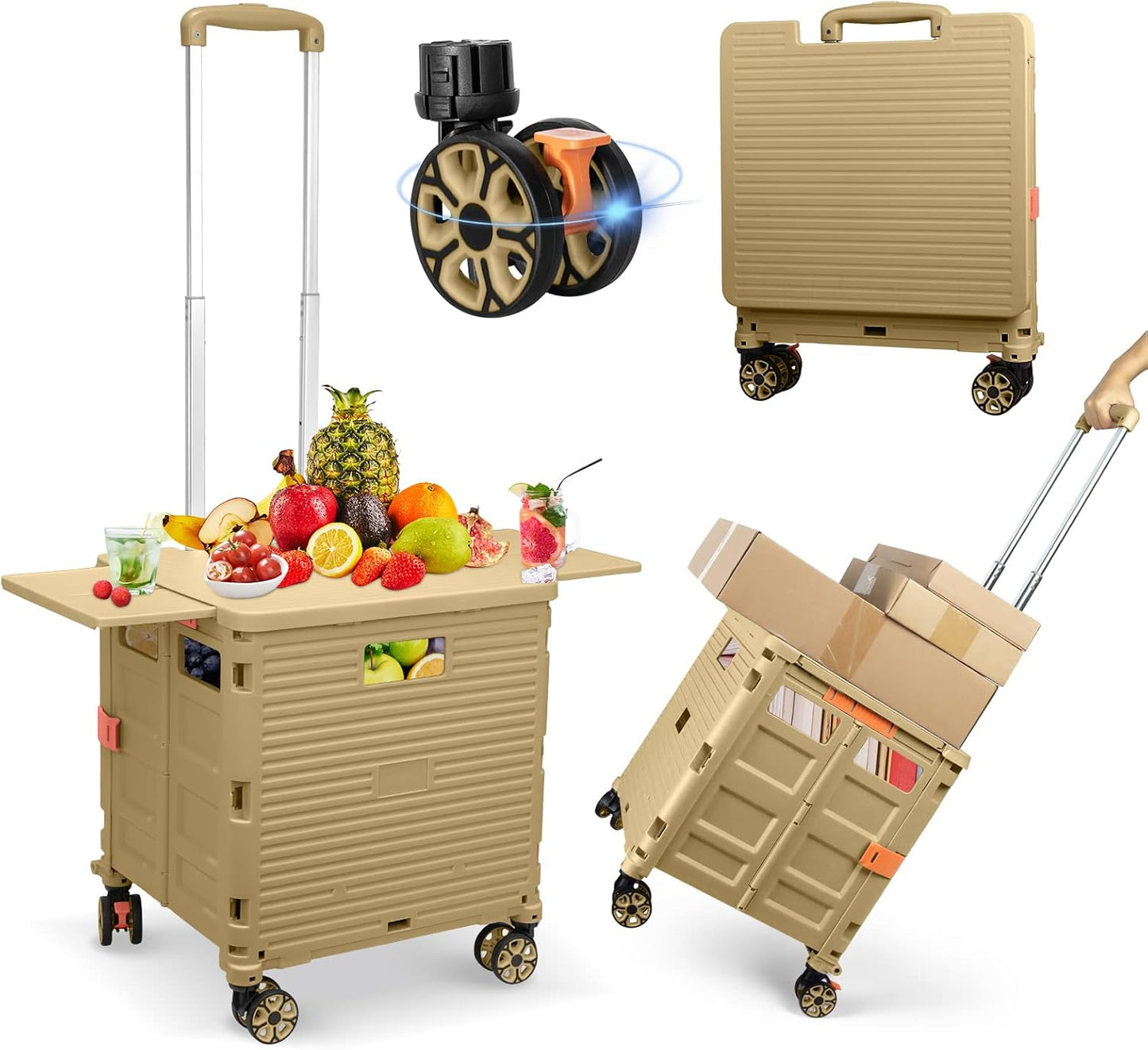 SELORSS Foldable Utility Cart Folding Portable Rolling Crate-Yellow | Durable,Heavy Duty,Plastic Box,Telescoping Handle,4 Rotate Wheels,Collapsible Handcart for Travel Shop Move Luggage Office