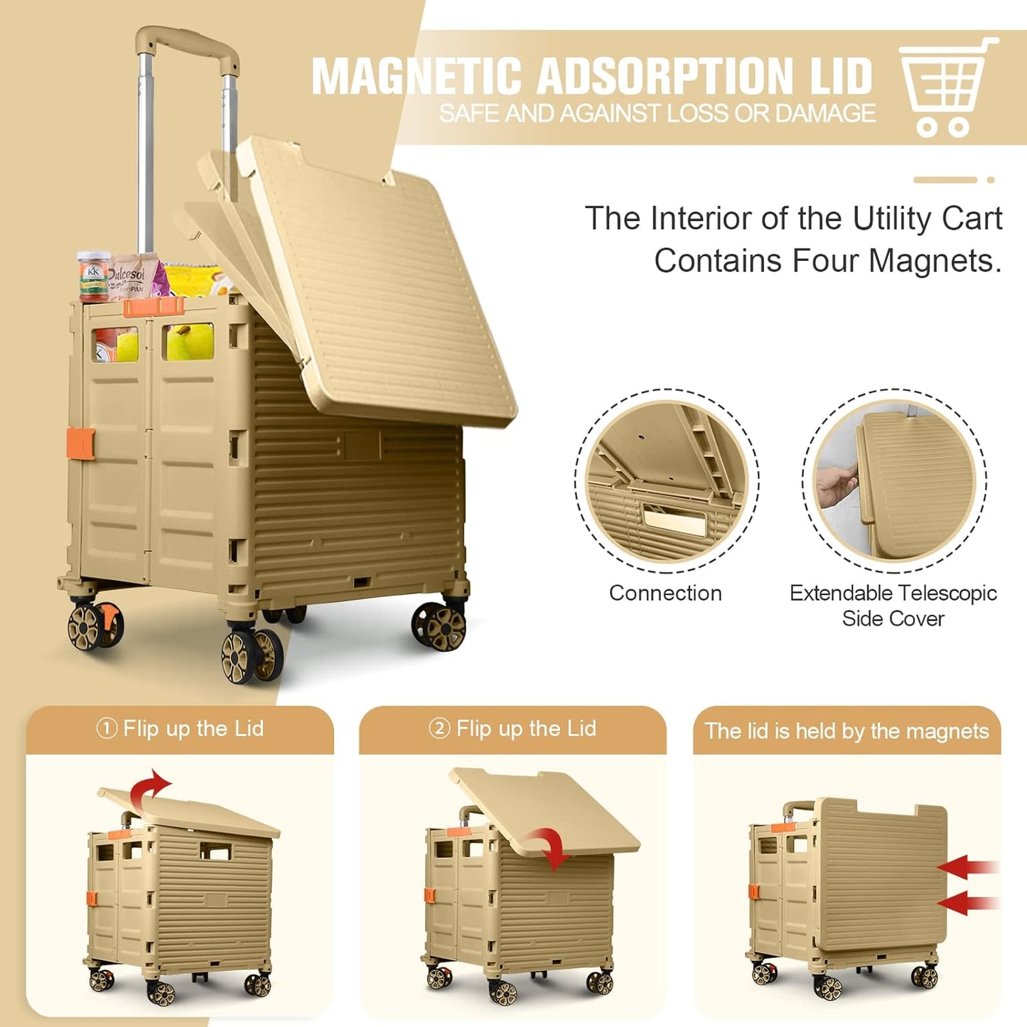 SELORSS Foldable Utility Cart Folding Portable Rolling Crate-Yellow | Durable,Heavy Duty,Plastic Box,Telescoping Handle,4 Rotate Wheels,Collapsible Handcart for Travel Shop Move Luggage Office